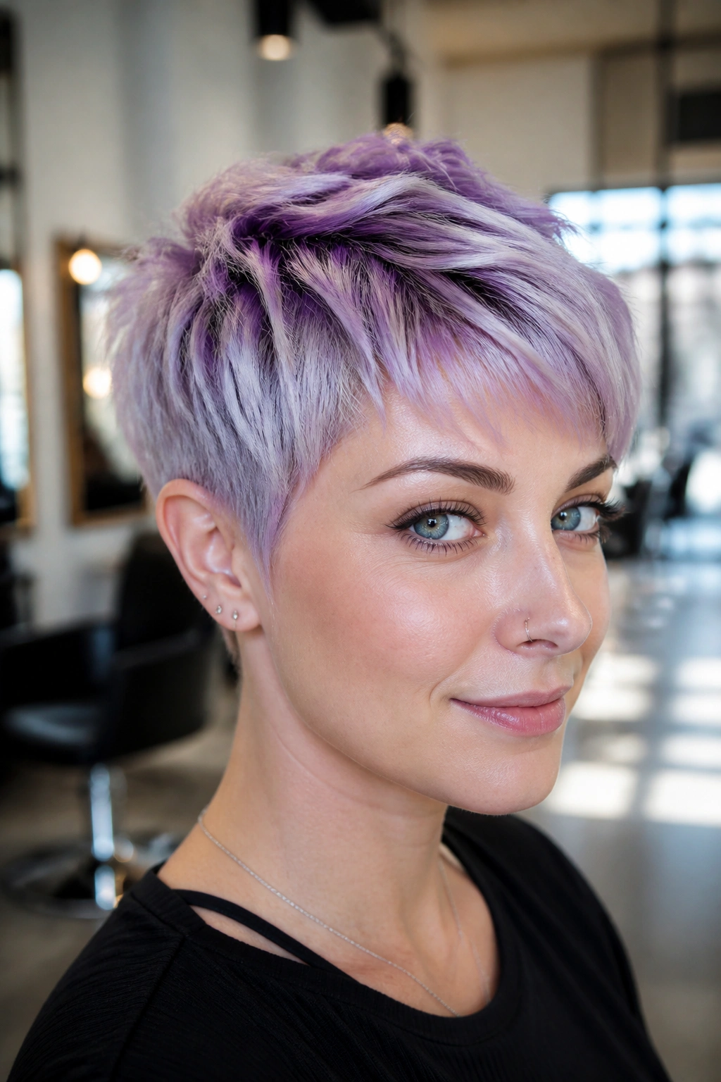 Close-up of a person with a frosted violet pixie cut in a bright salon.