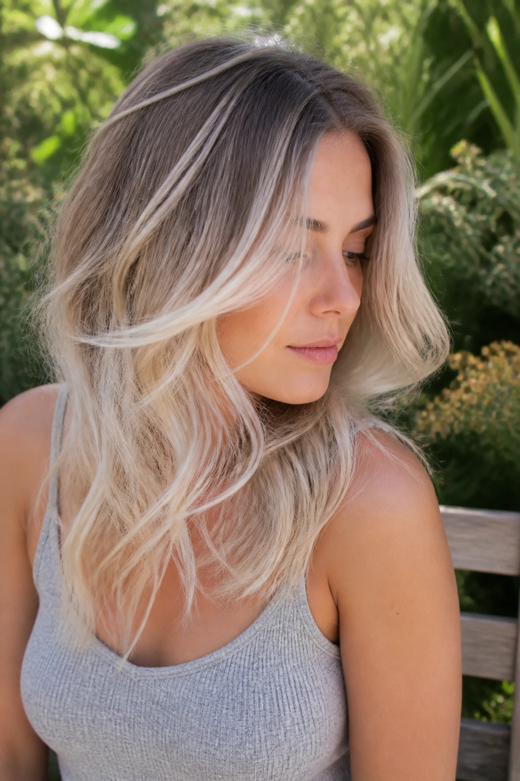 Portrait of a real person with frosted white balayage and walnut roots in sunlit outdoor light.