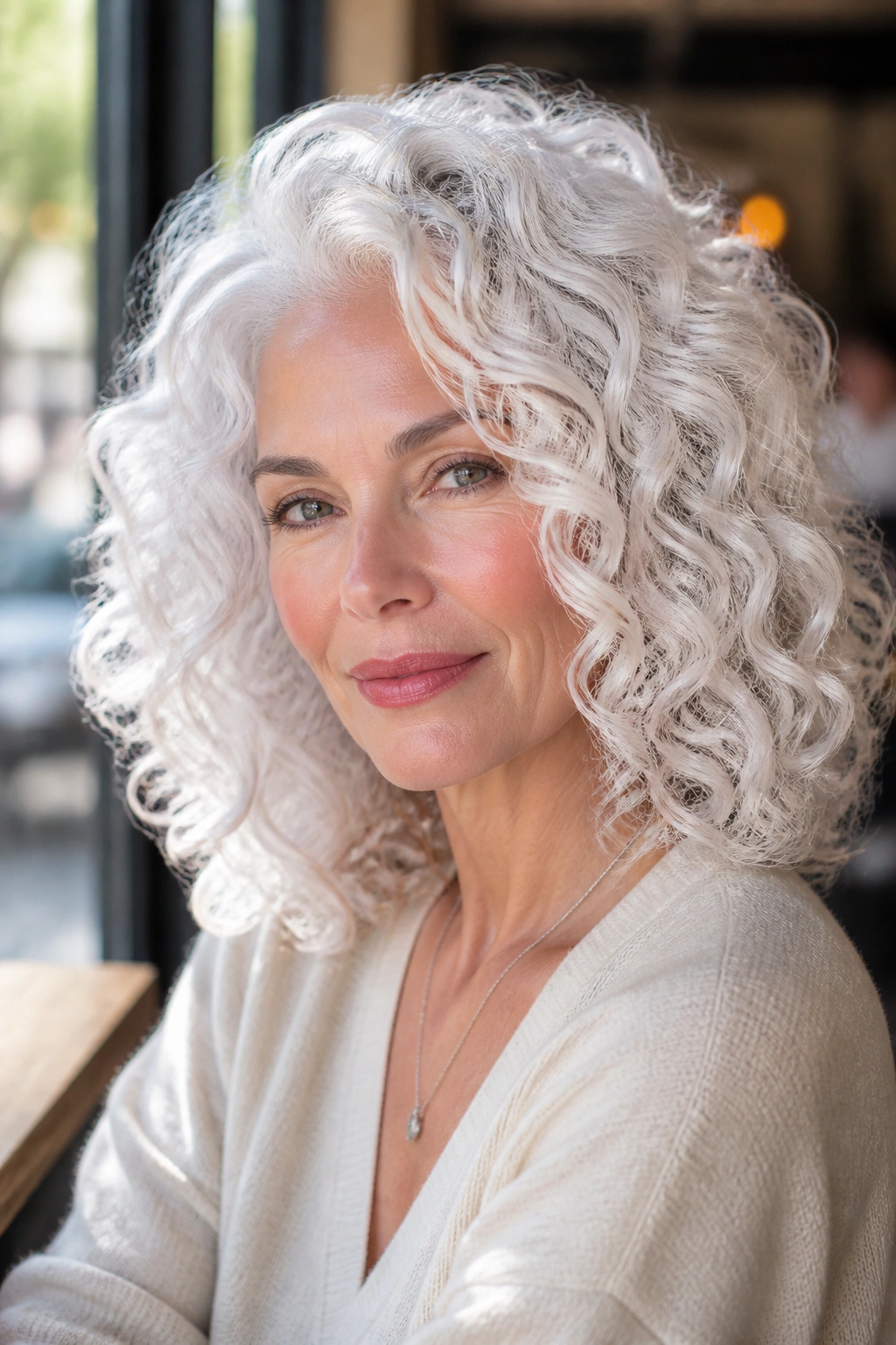 Close-up of frosted white curls with a glossy finish on a real person