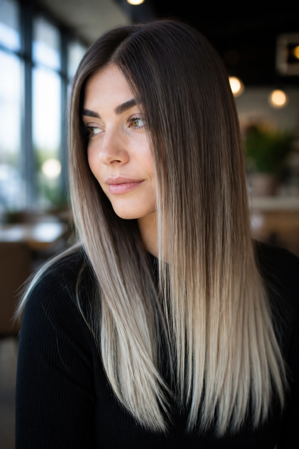 Straight brown hair with frosted white ends, close-up portrait.