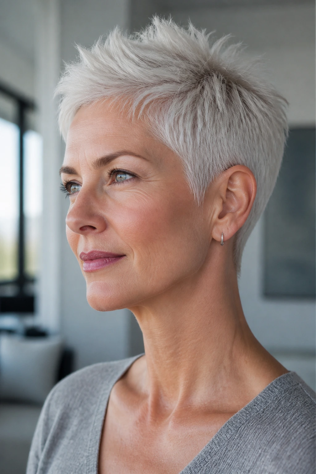 Portrait of a woman with a frosted white pixie haircut