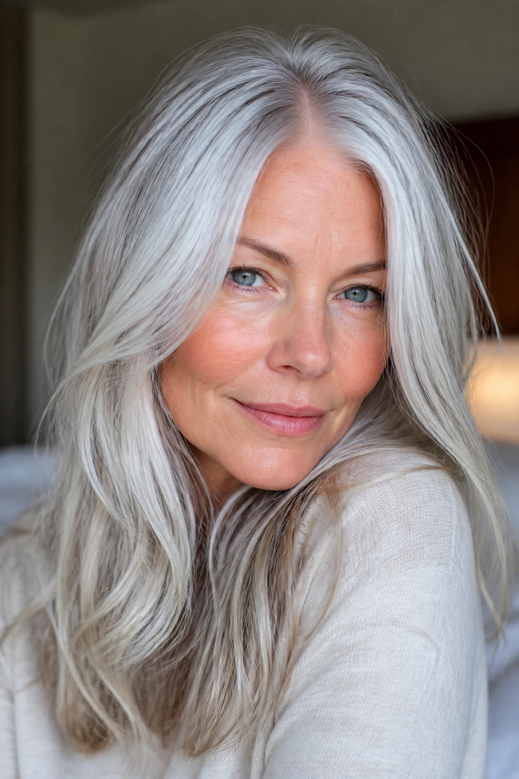 Close-up portrait of a woman with icy white hair and silver lowlights, hair fills the frame