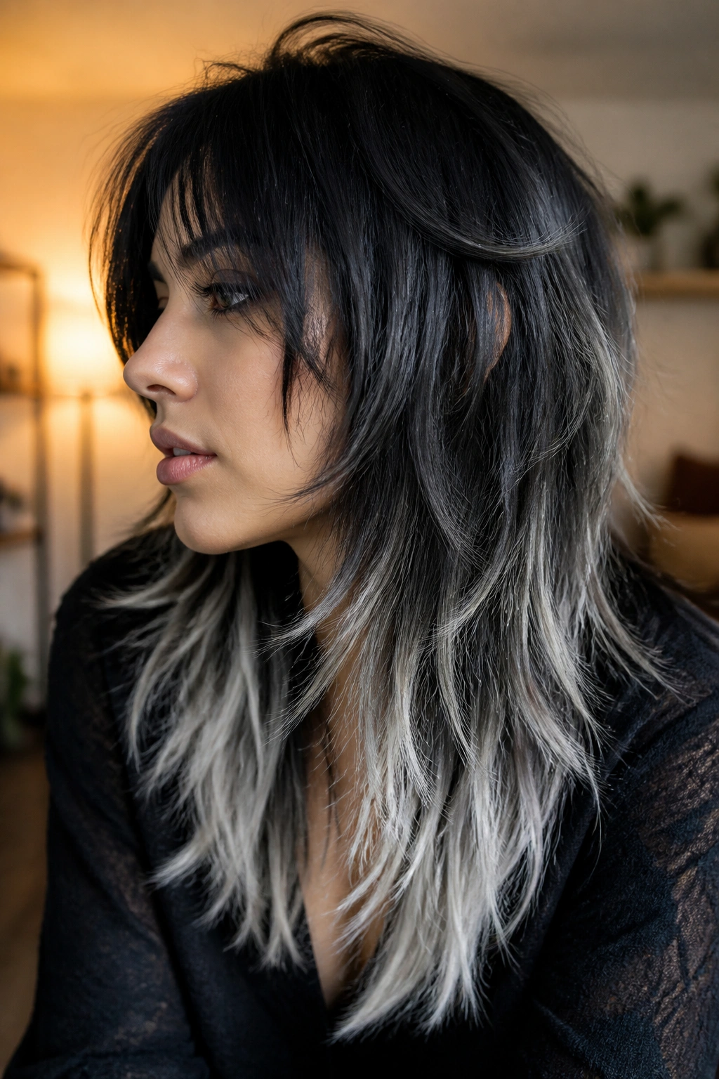 Close-up of a real person with frosted wolf cut ends