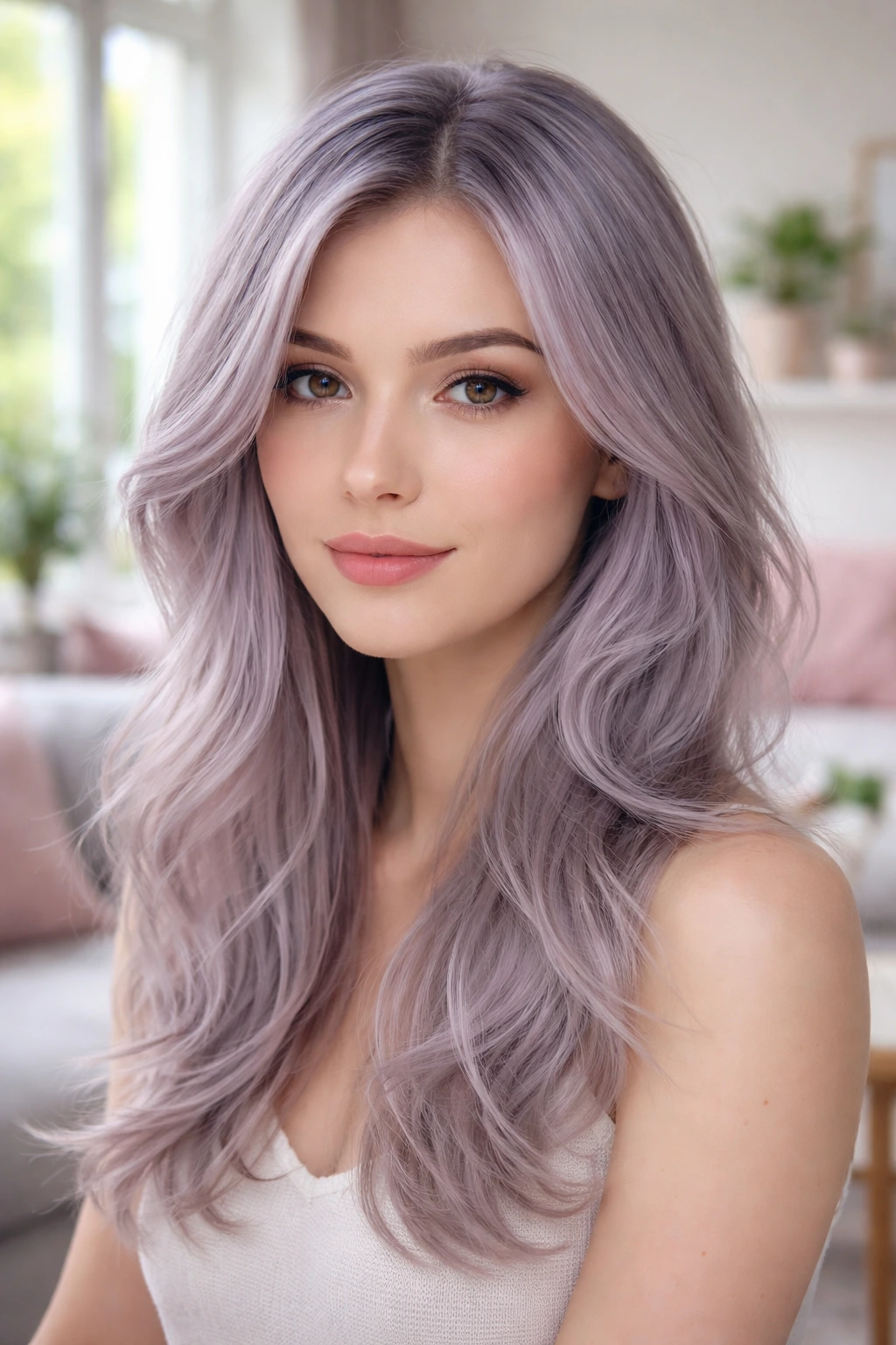 Portrait of a real person with frosty lilac-grey hair