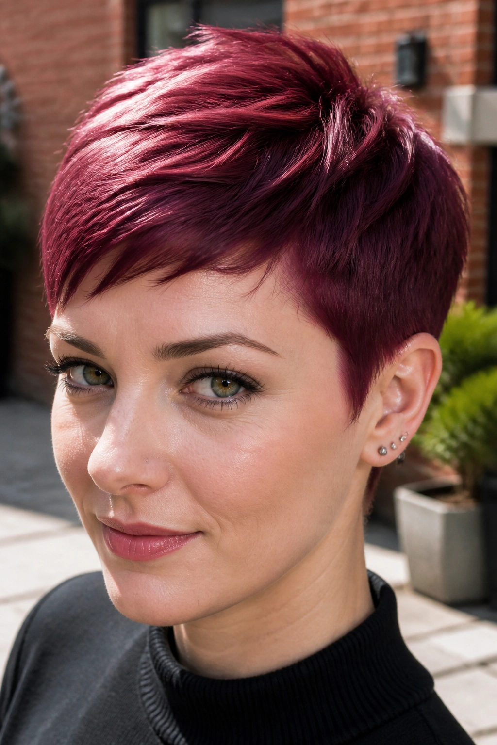 Close-up portrait of a real woman with icy berry pixie cut in sunlit courtyard