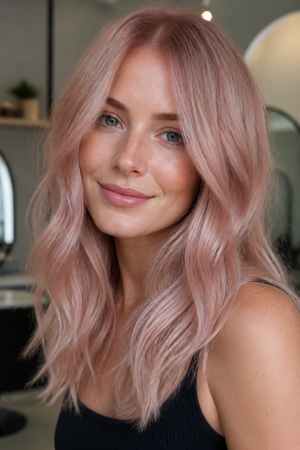 Close-up of a real woman with frozen rose blonde hair; cool rosy tones and glossy finish.