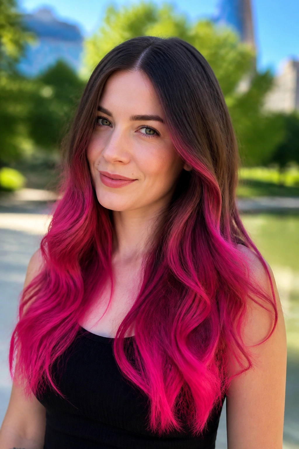 Close-up portrait of a woman with fuchsia dip-dye ends on long hair