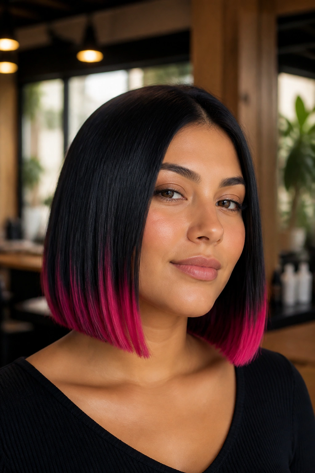 Close-up of a real woman with blunt-cut black hair and crisp fuchsia ends.