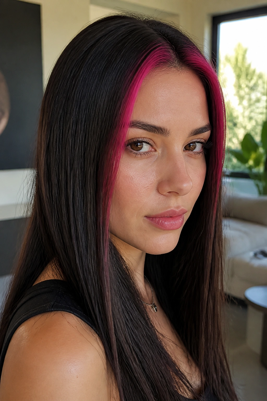 Close-up portrait of a real woman with a fuchsia money piece on dark hair