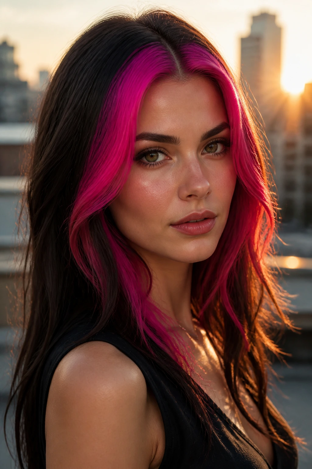 Close-up of fuchsia pink hair framing the face on a real person