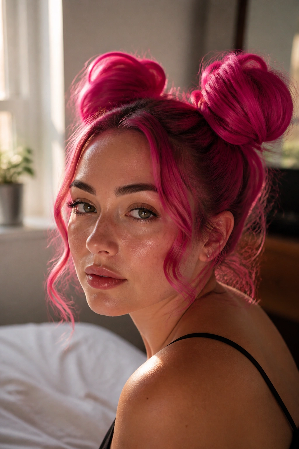 Close-up of a real woman with fuchsia space buns and soft tendrils under window light