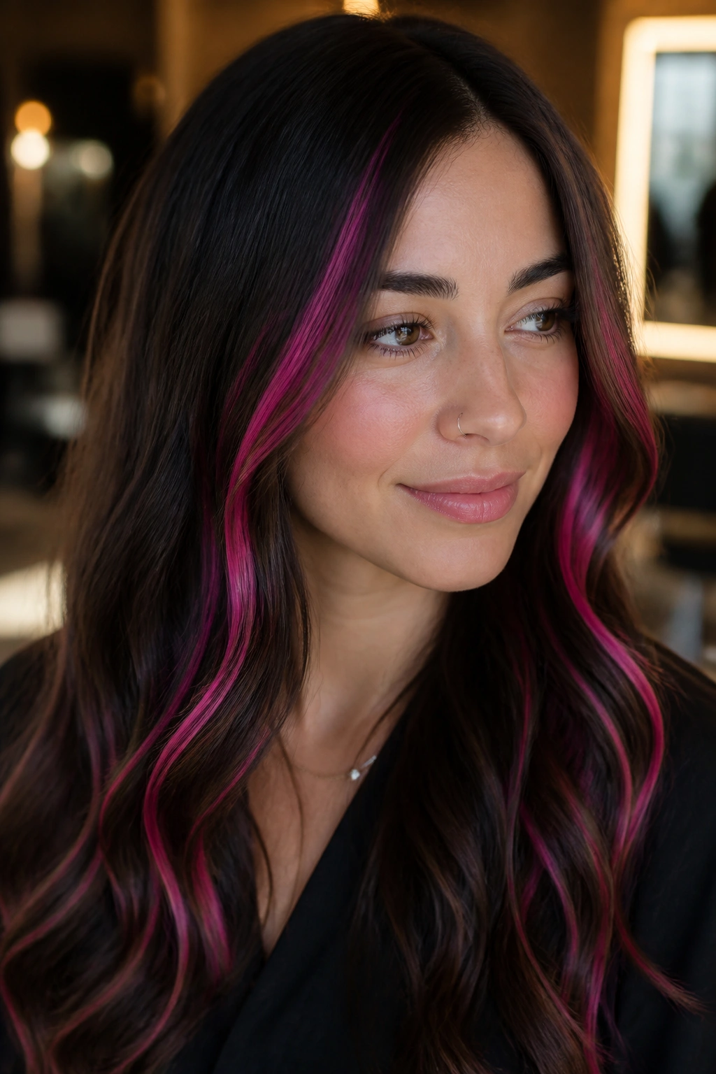 Close-up of a real woman with dark brown hair and fuchsia streaks framing her face in warm salon light