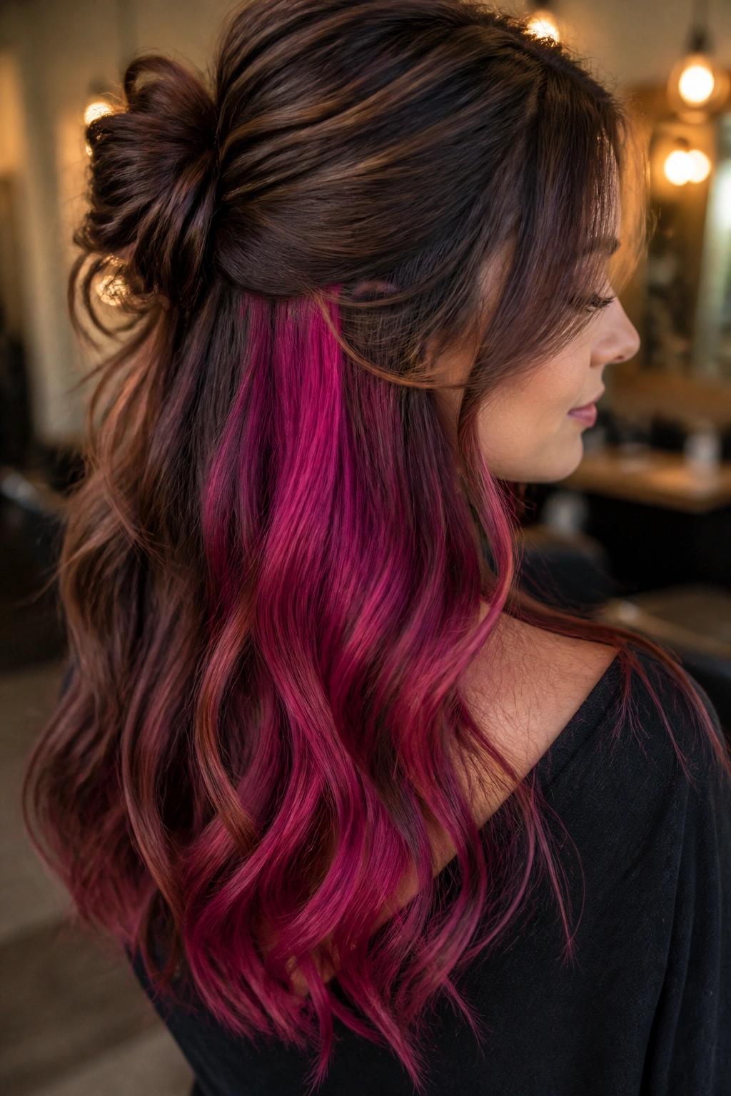 Close-up of long hair in a half-up style showing a fuchsia underlayer on a real person