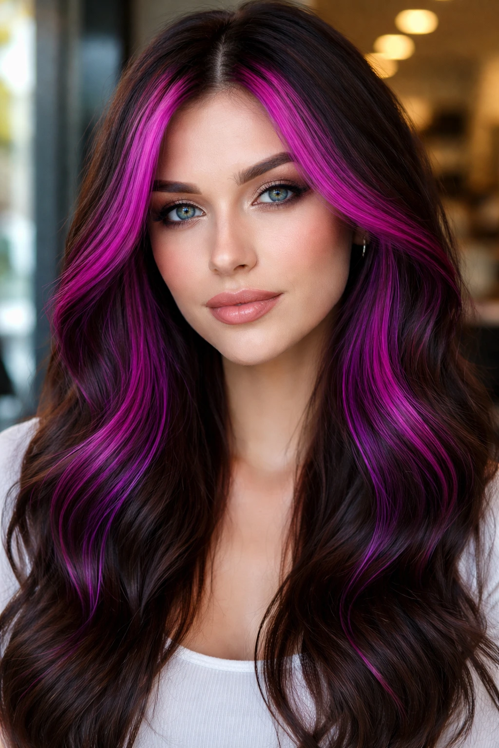 Close-up of face-framing fuchsia-violet money piece hair