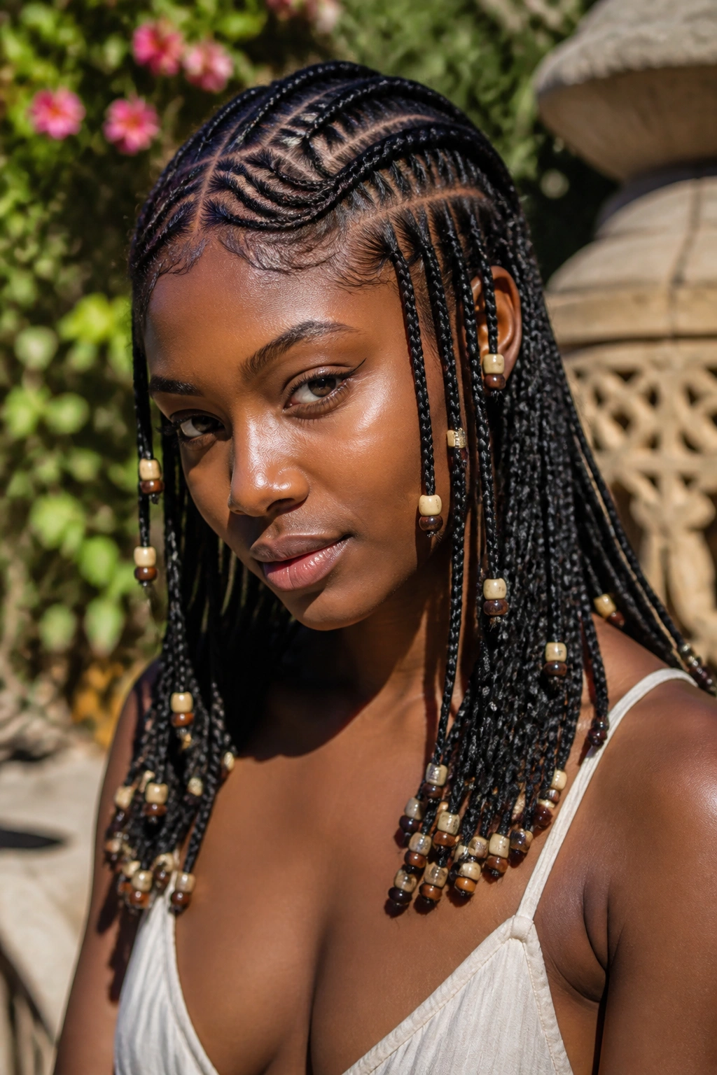 Close-up of a woman with Fulani-inspired braids and beads at ends