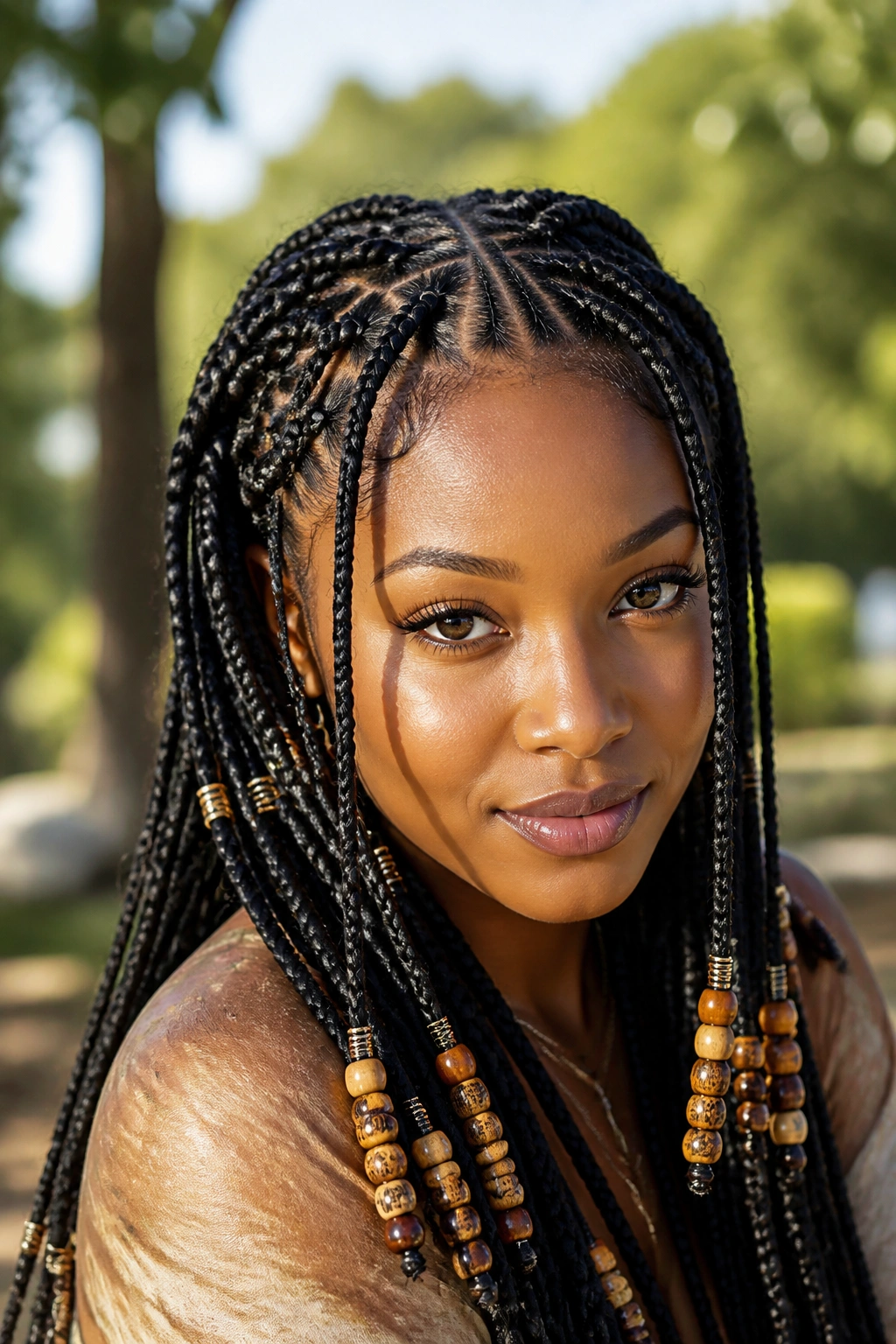 Close-up of a real woman wearing Fulani braids with beads outdoors