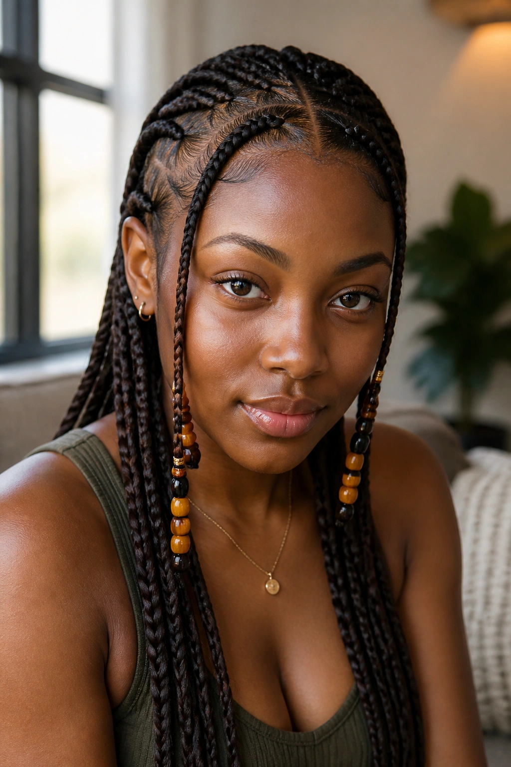 Close-up of a real woman with Fulani braids featuring a center braid and cheek-framing strands with bead tips.