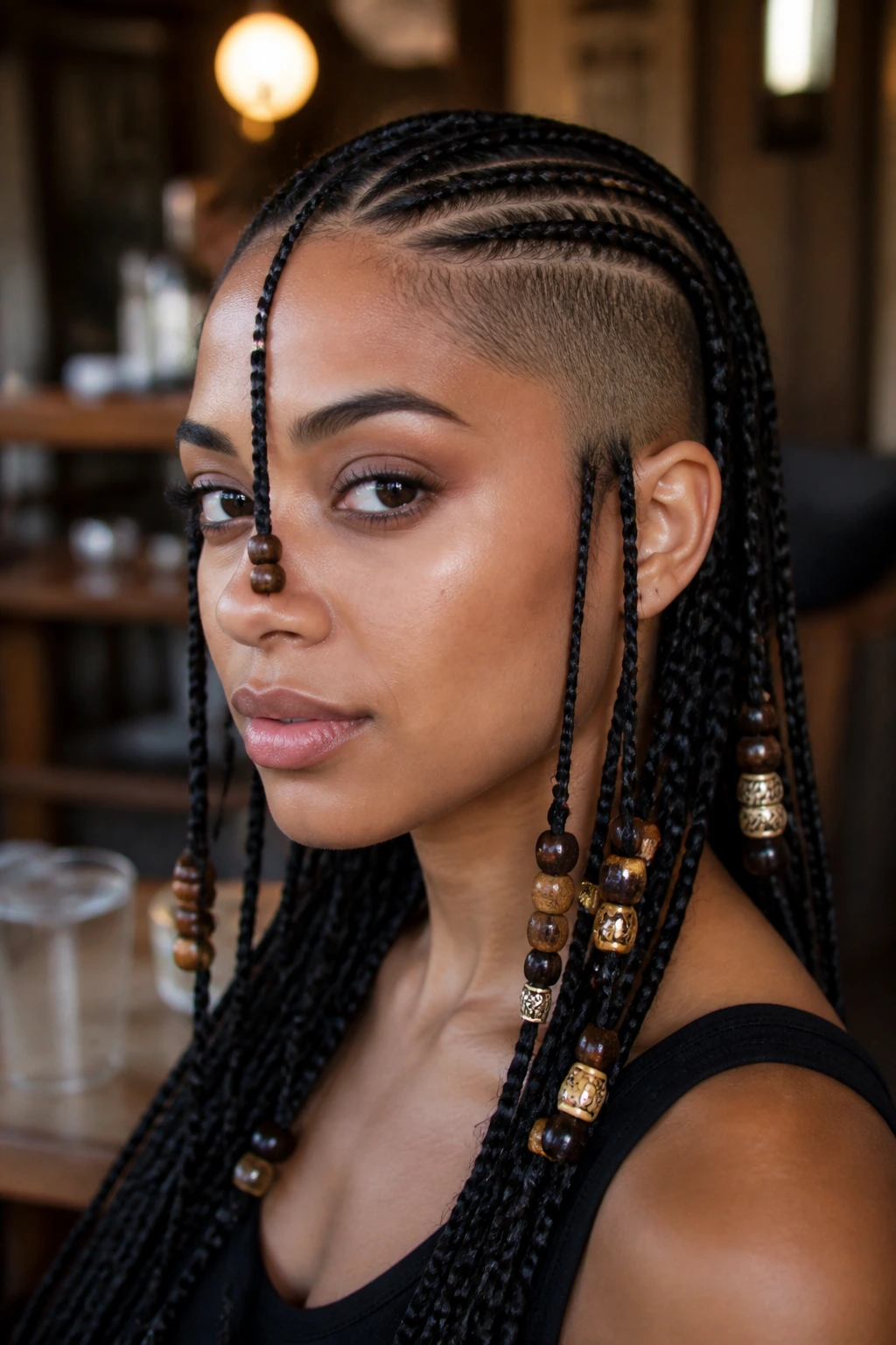 Close-up of a real woman's head showing Fulani braids with beads and a shaved side