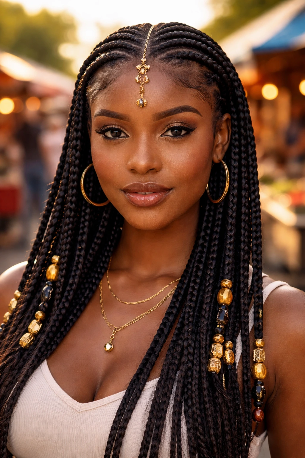 Real woman with center-part Fulani braids with beads in a street setting