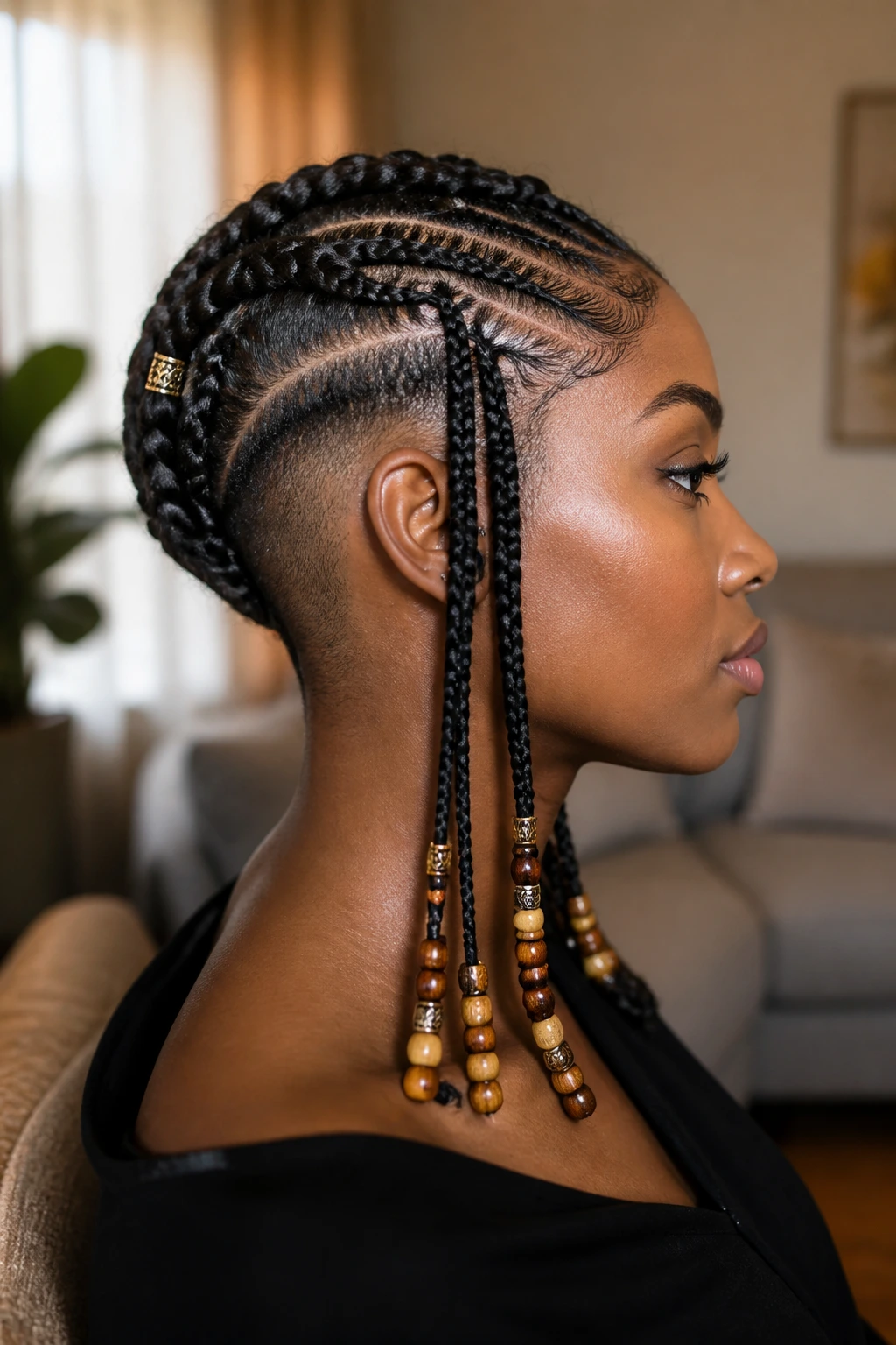 Real person with Fulani braids and clean nape shave in profile view