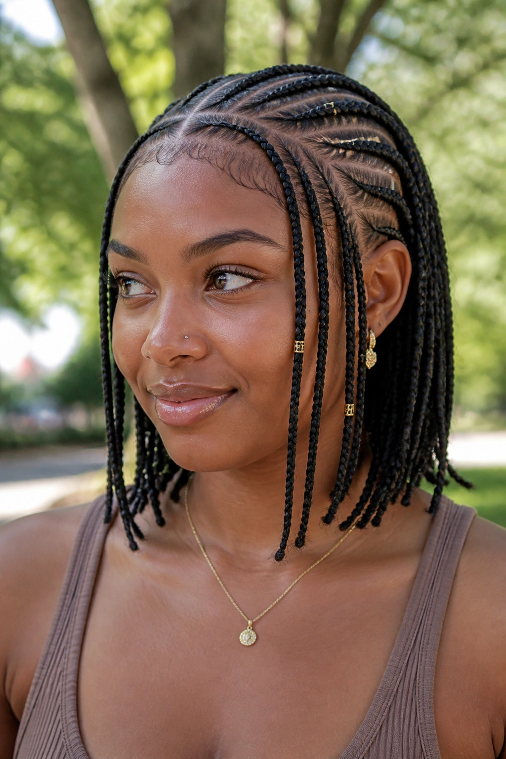 Close-up of a real woman wearing Fulani braids with face-framing cornrows