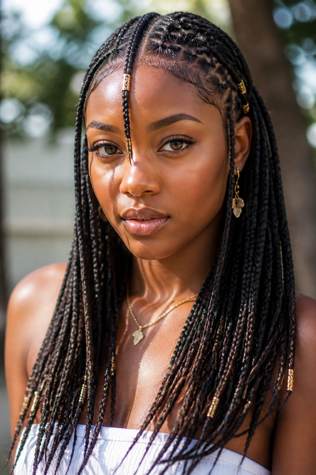 Close-up portrait of a woman with Fulani braids of length styled backward in bright outdoor light
