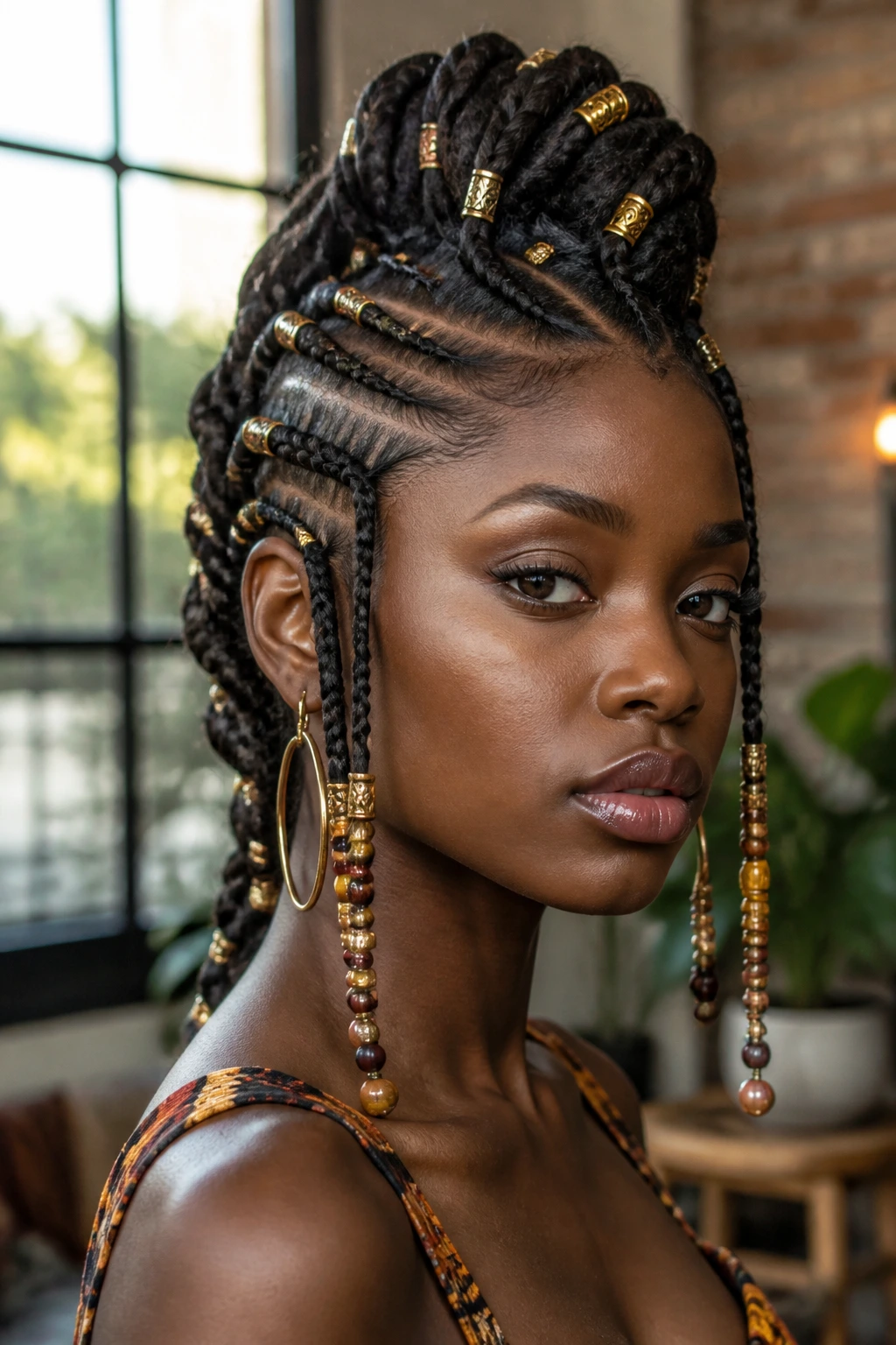 Close-up portrait of a real person with Fulani-inspired mohawk braids and gold cuffs