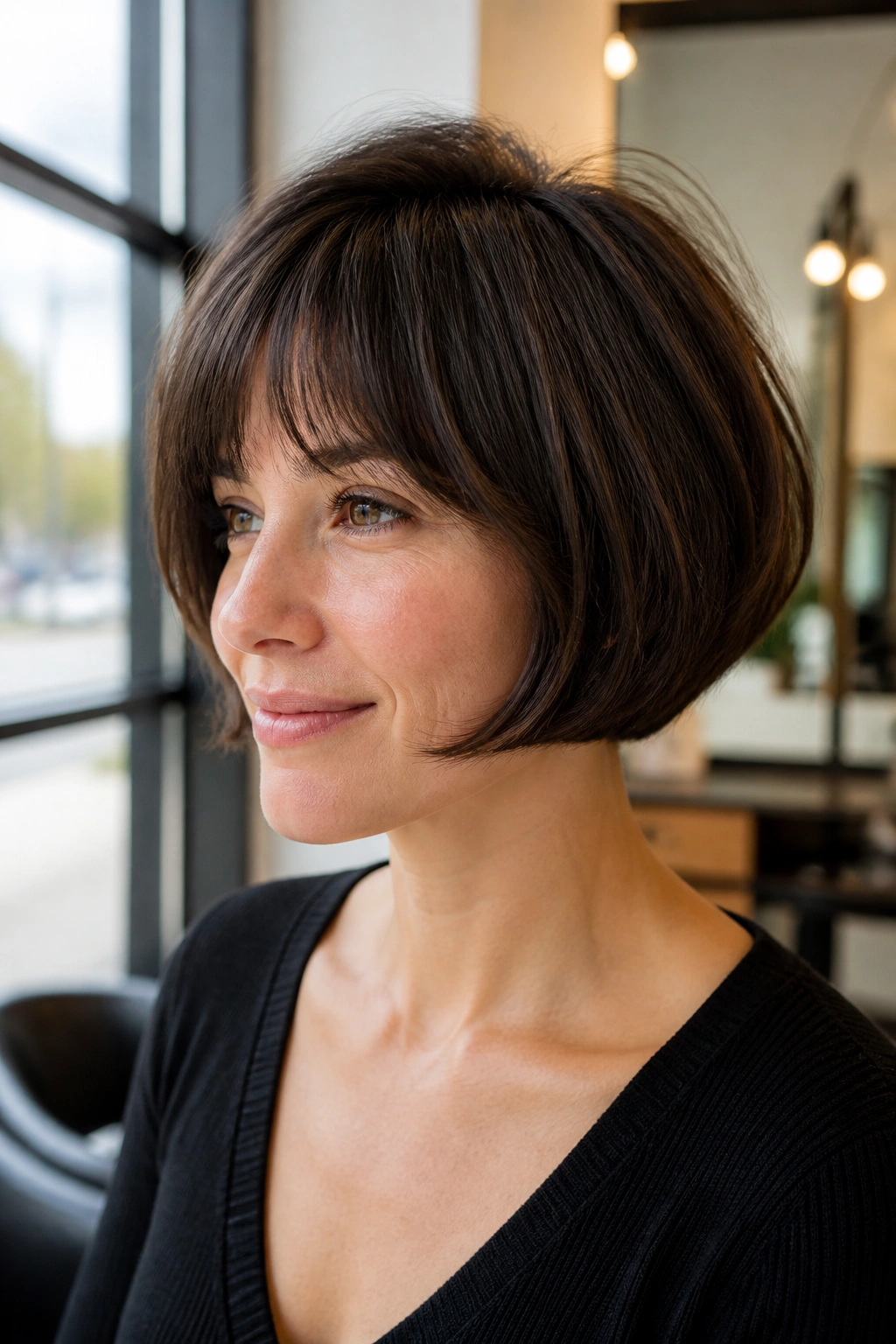 Close-up of a real woman with a full-crown French bob and lifted crown.