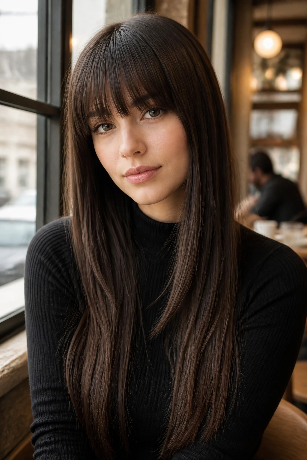 Portrait of a real person with a full fringe across a long length of hair.
