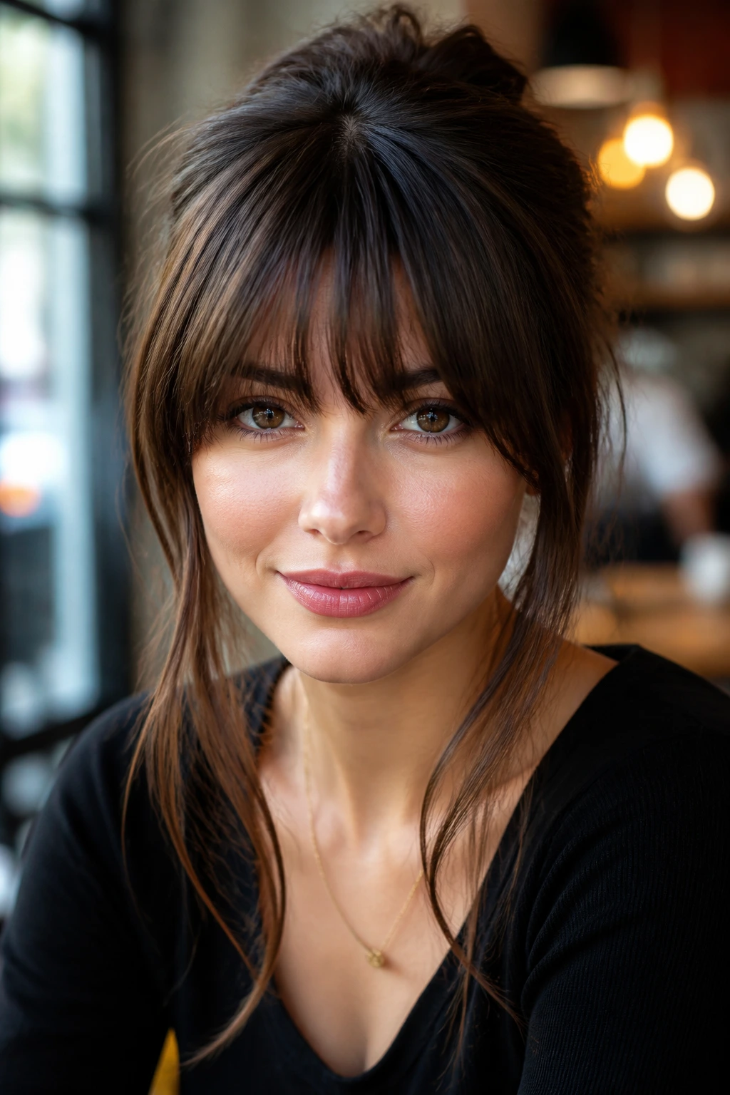 Close-up of a real woman with a full fringe and long side pieces