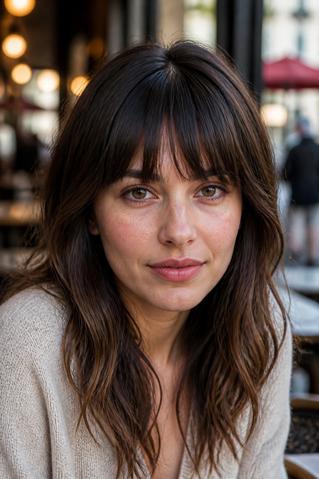 Portrait of a woman with a full fringe that tapers at the temples in daylight