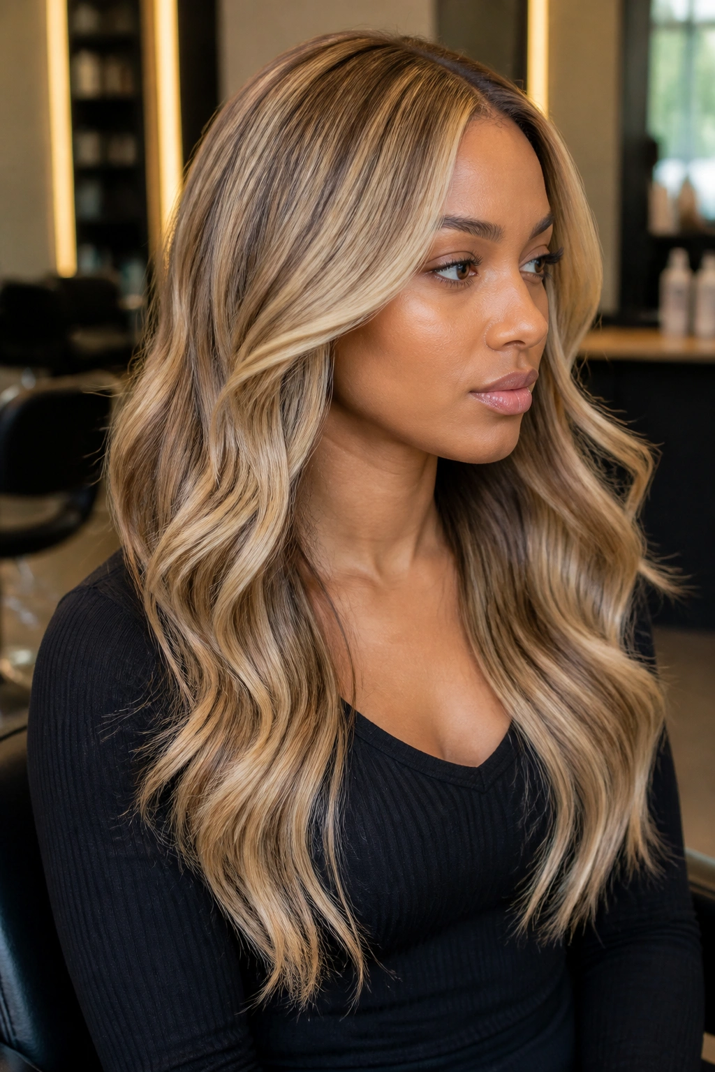 Close-up of a real woman with full-head blond weave on brown hair
