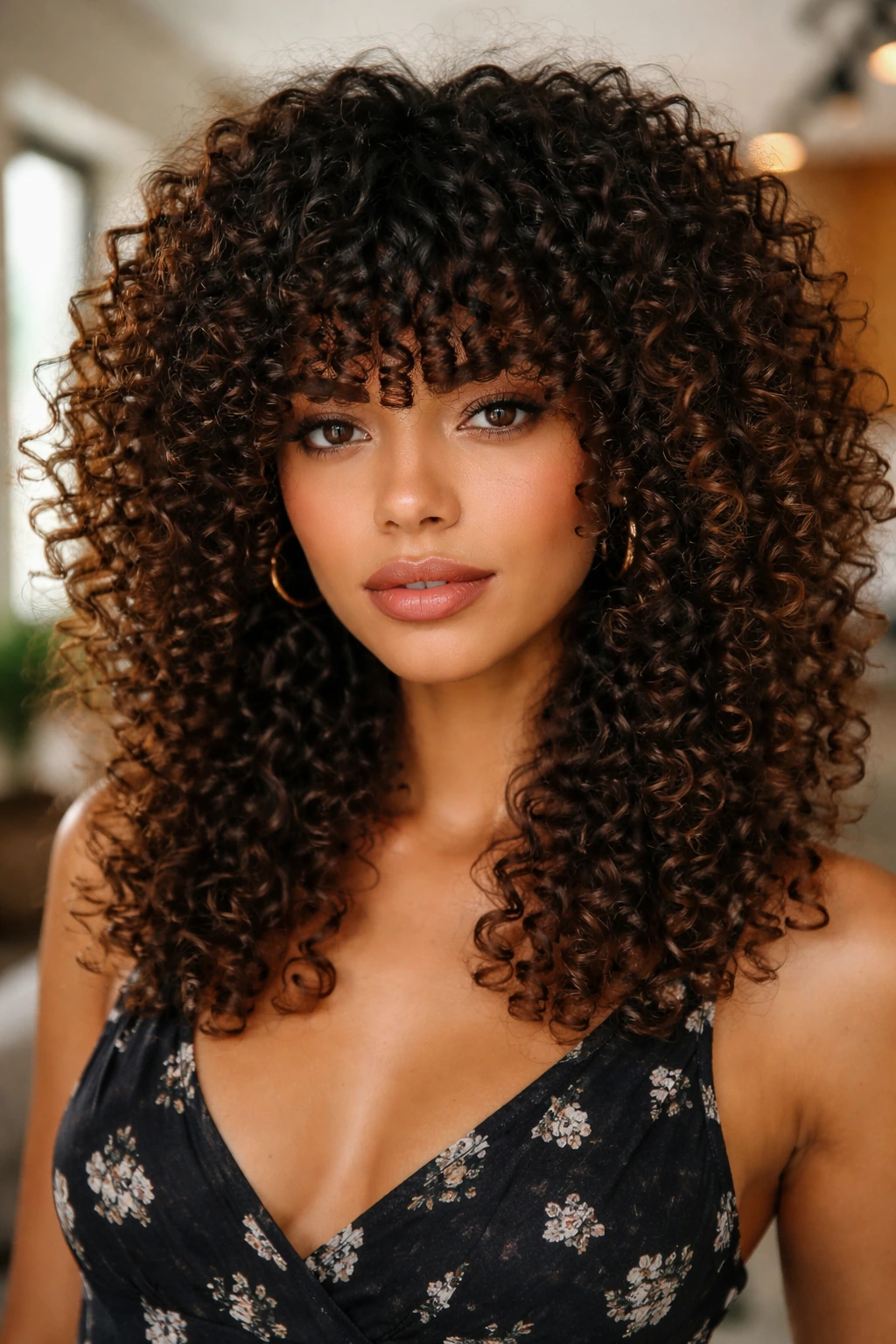 Portrait of a person with full-volume curly bangs in an urban interior.