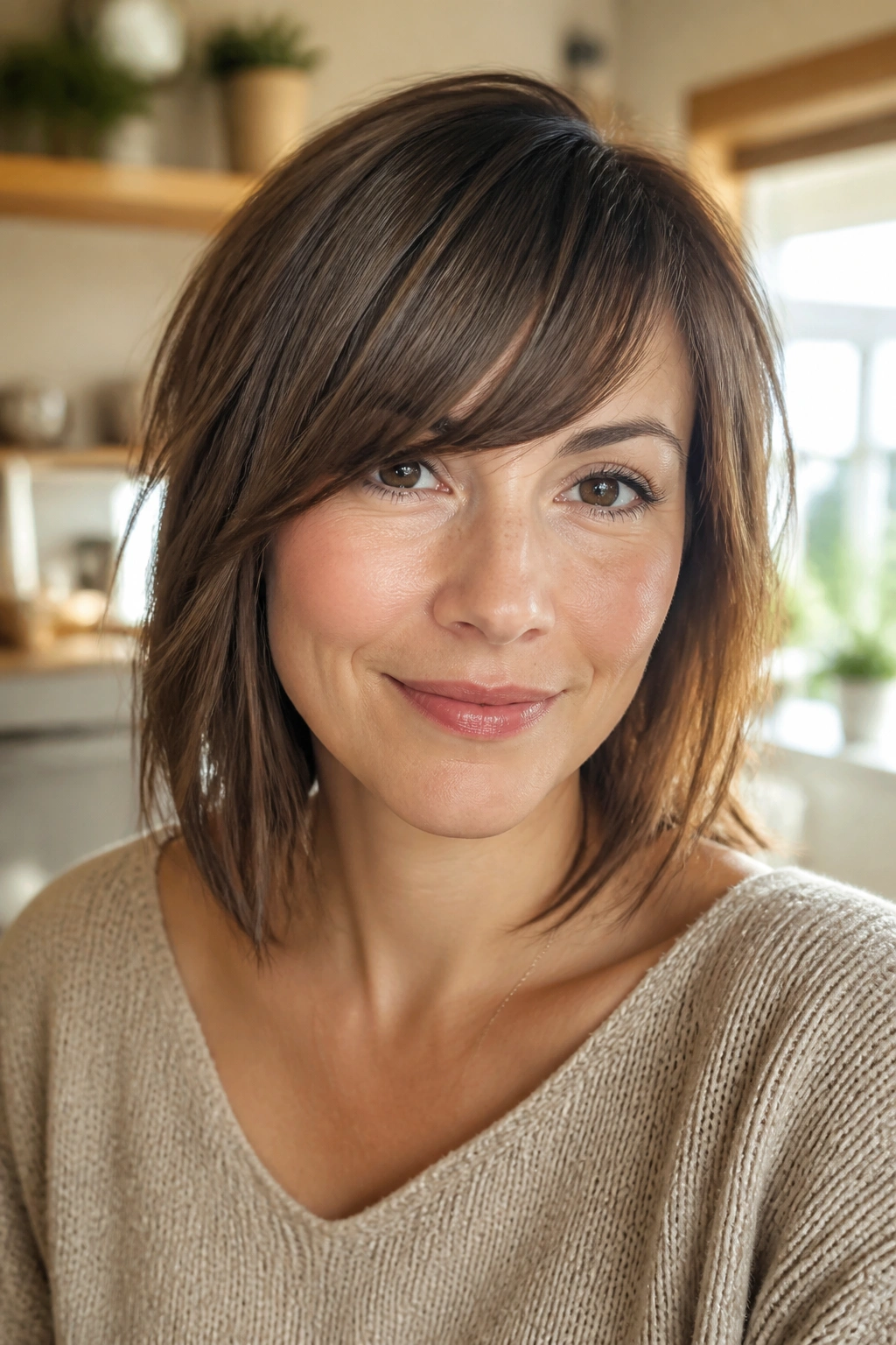 Real woman with dense side bangs making fine hair look fuller