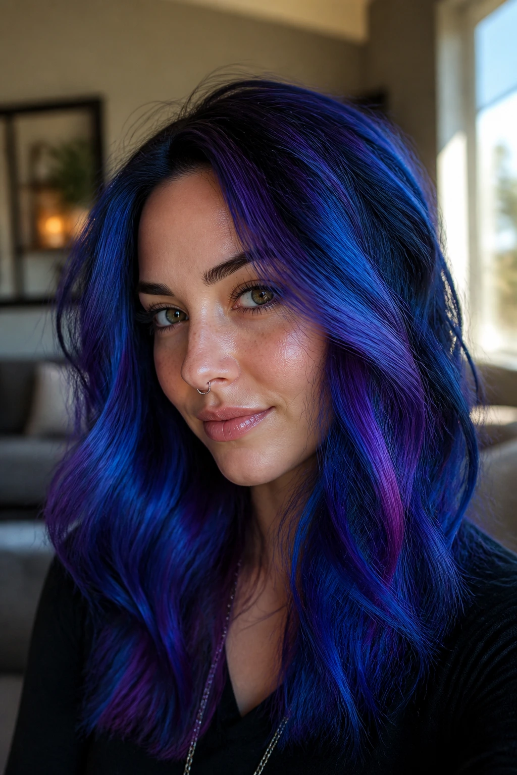 Close-up of a real person with Galaxy Blue Mix hair in natural window light