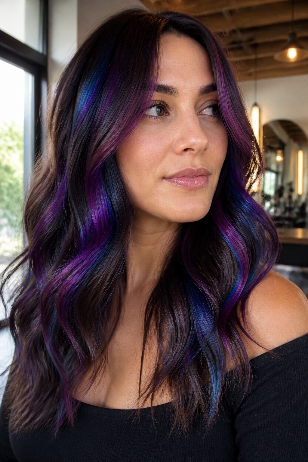 Close-up portrait of a real woman with purple and blue foils in brown hair showing galaxy-inspired color.