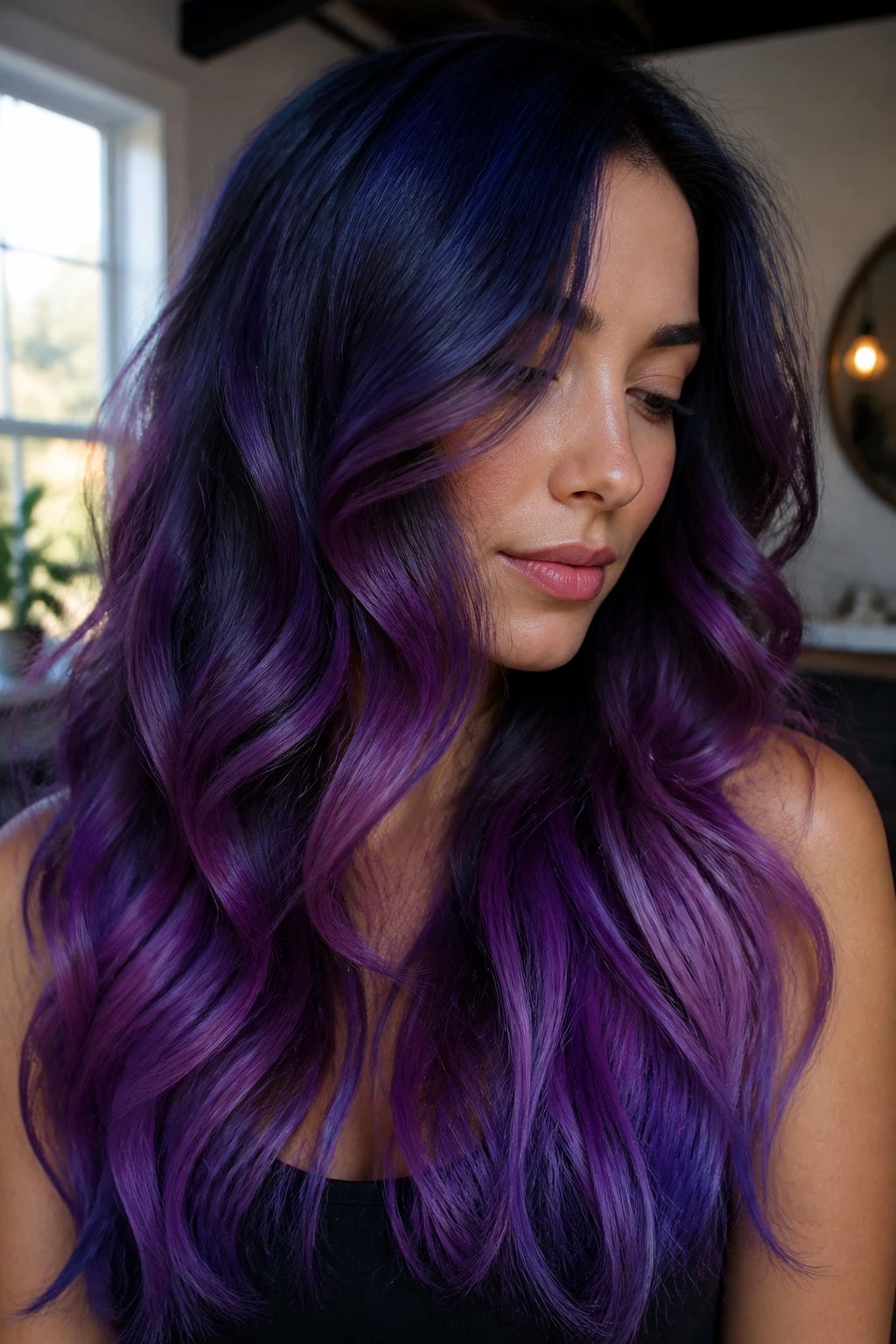 Portrait of a real woman with galaxy-inspired ombre hair from dark roots to violet ends