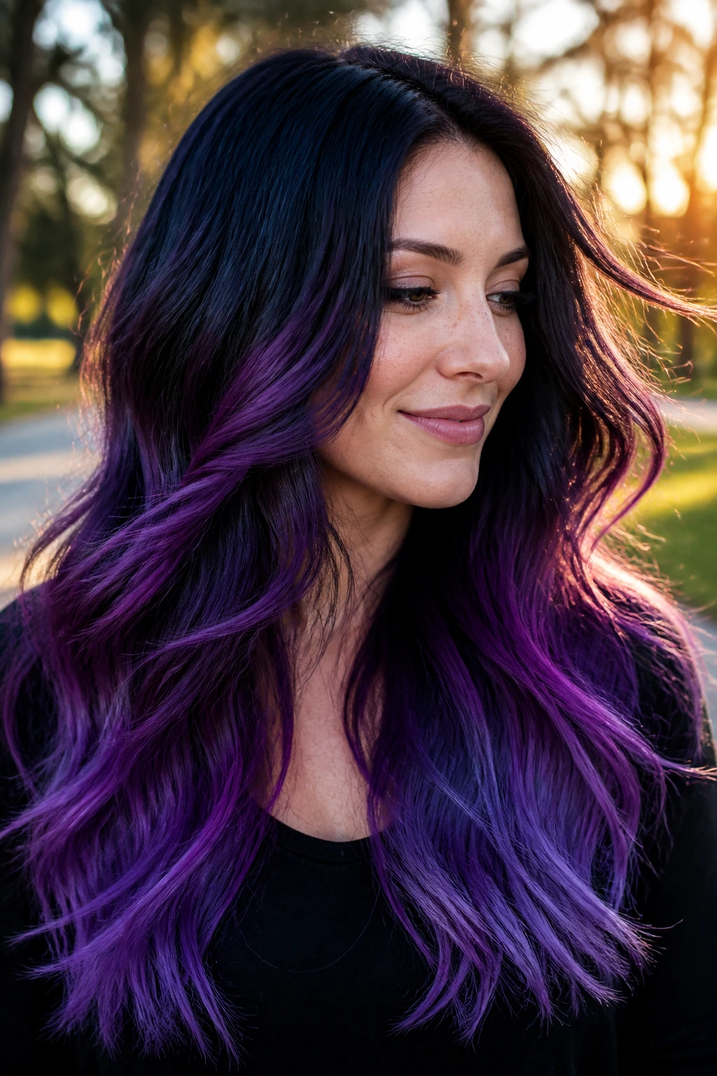 Close-up of a real woman with galaxy purple ombre navy to violet transitions