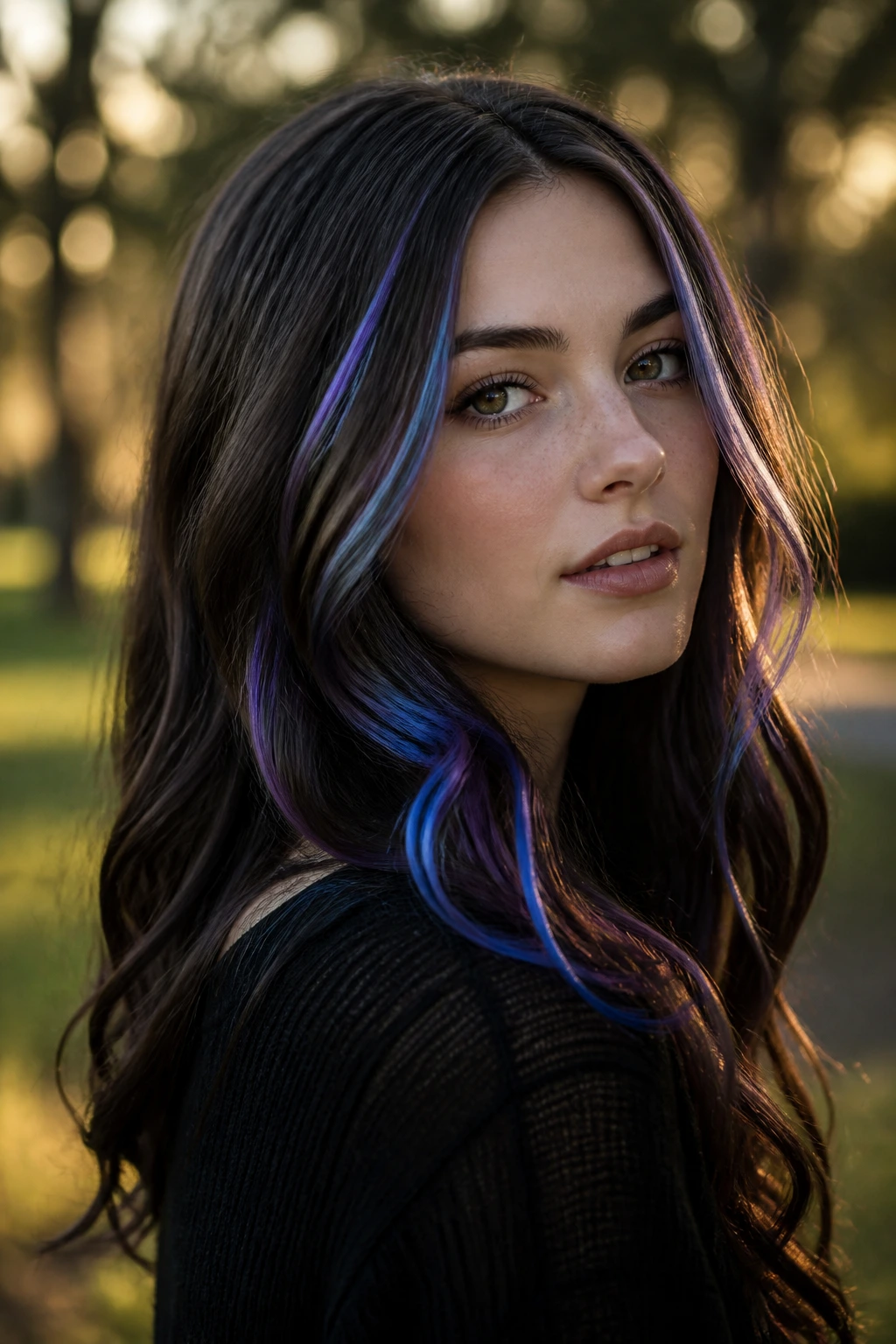 Close-up of a real person with galaxy ribbons in dark brunette hair
