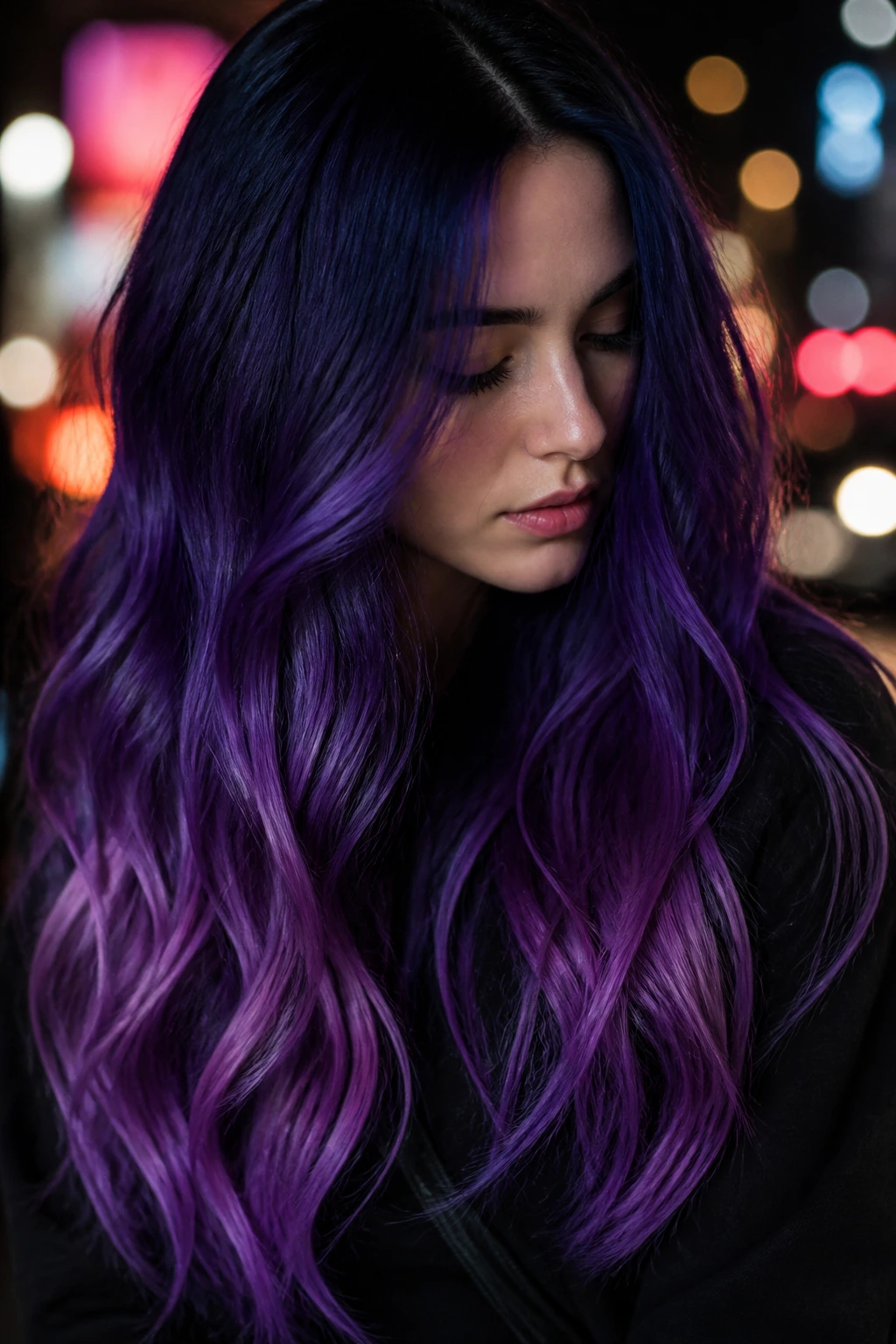 Close-up portrait of a real woman with galaxy violet ombre hair in moody urban light