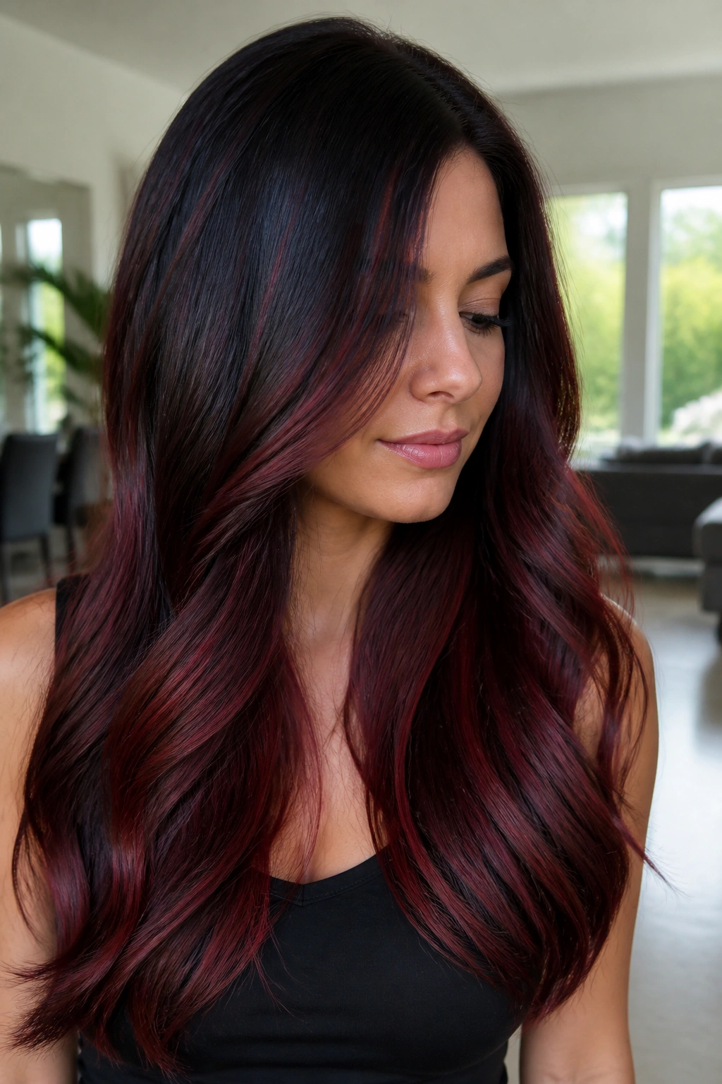 Real woman with thick hair showing deep garnet balayage tucked through interior layers