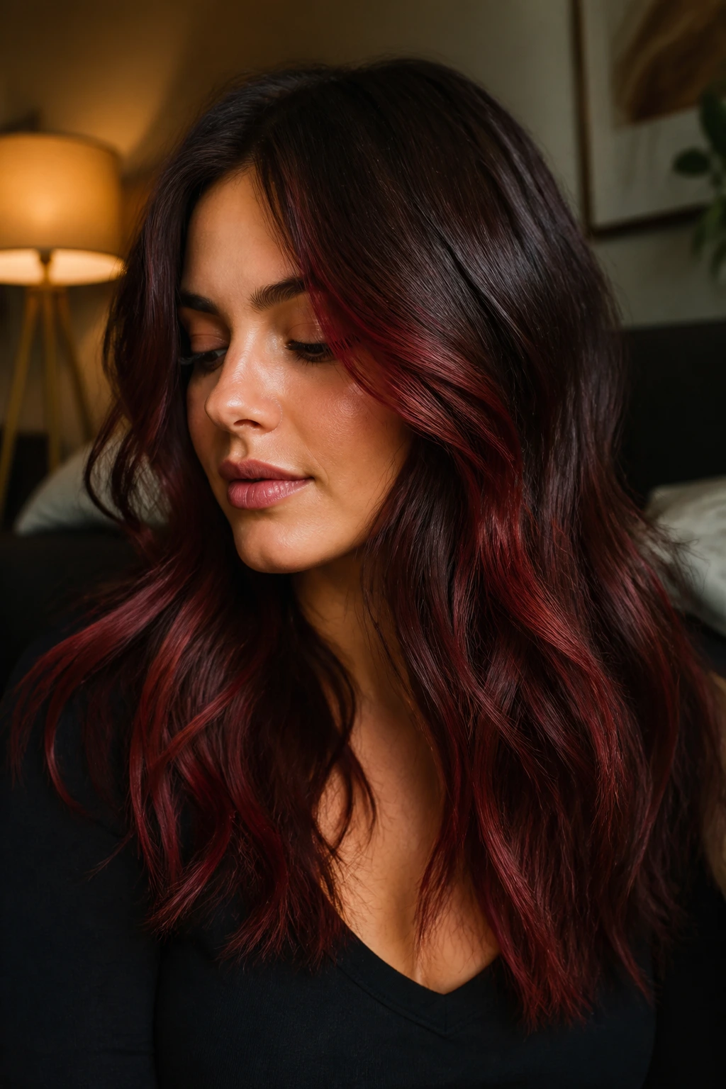 Garnet balayage on brunette hair with garnet ribbons
