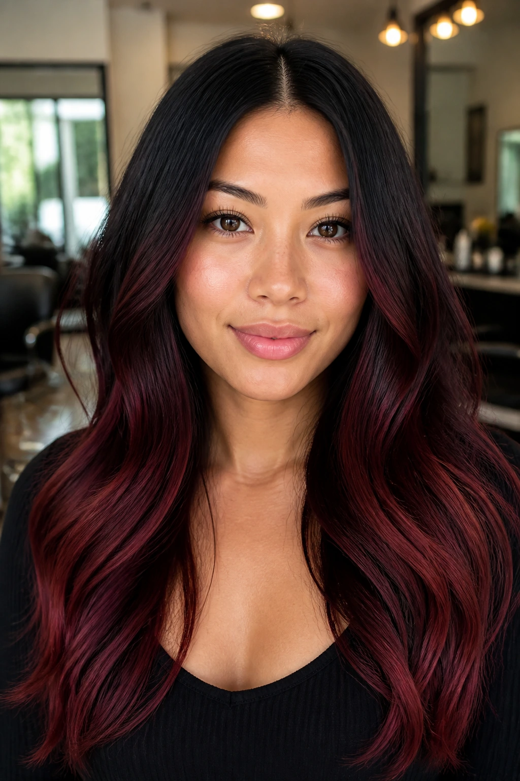 Portrait showing garnet balayage starting below the cheeks on center-parted hair.