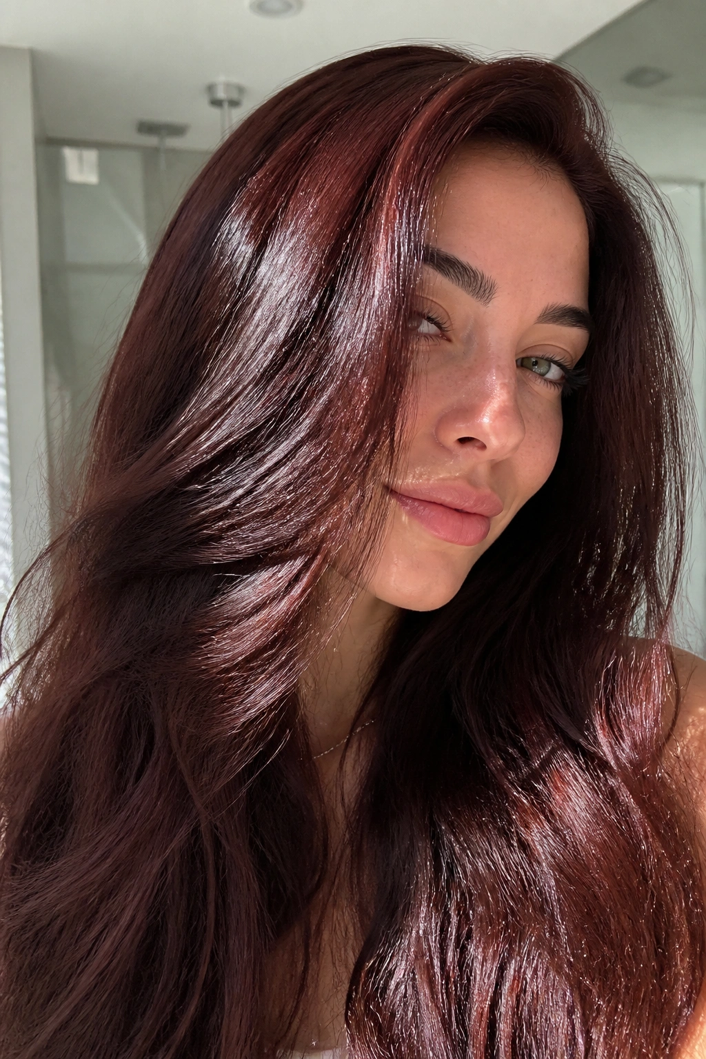 Close-up portrait of a real person with Garnet Brown Gloss hair and a deep red gemstone sheen over brown