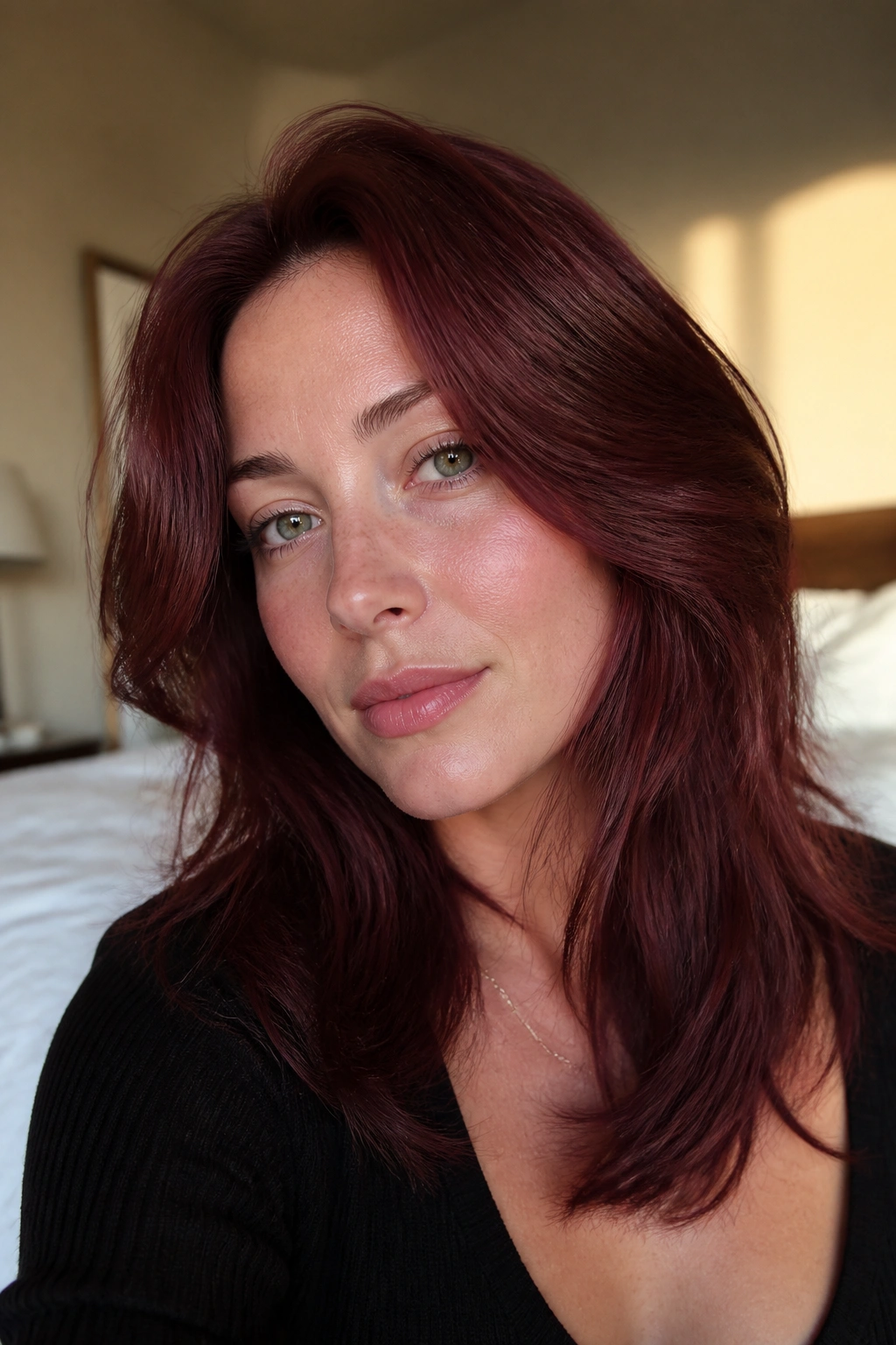 Close-up of a woman with garnet brown hair in a cool-toned look