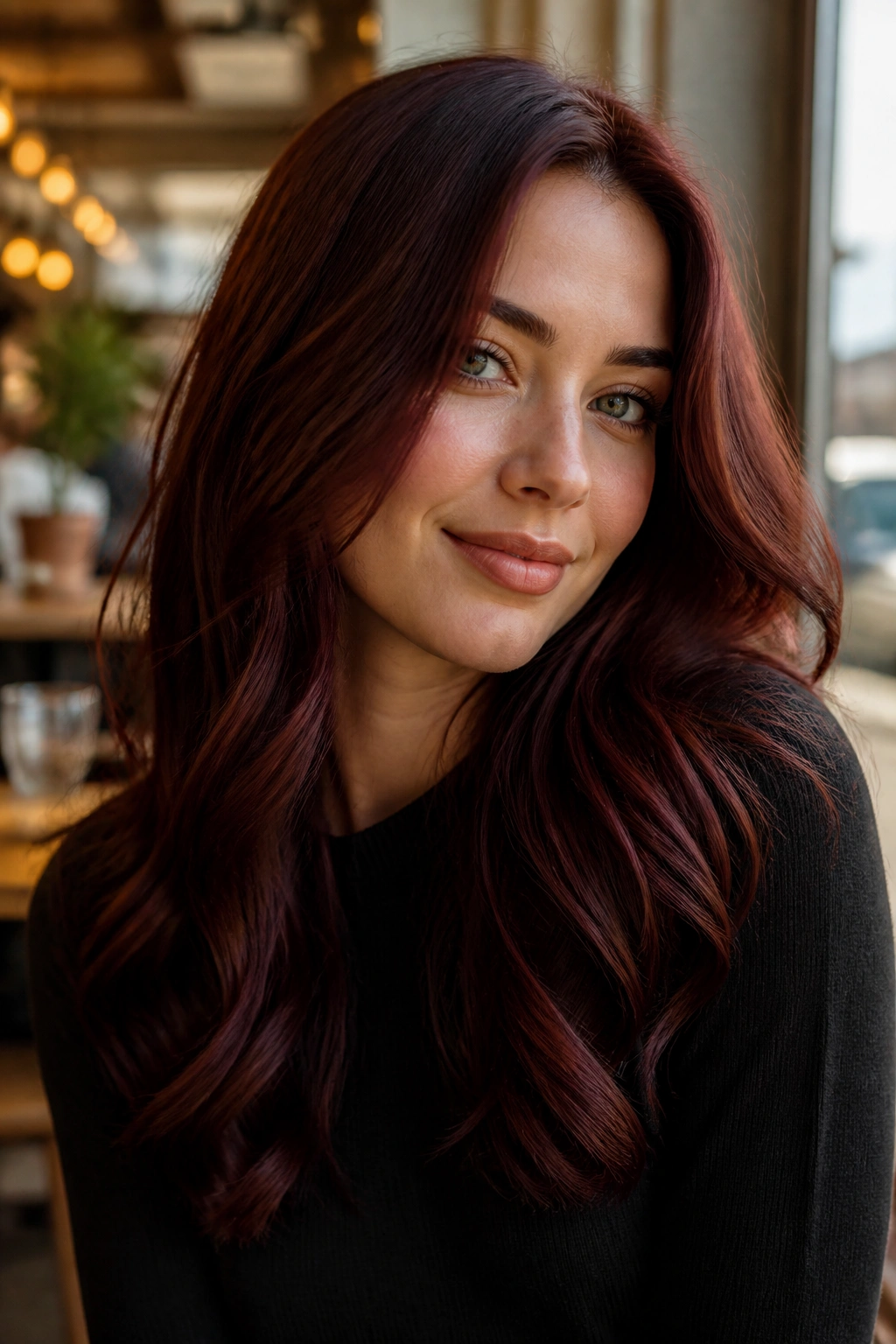 Close-up of a real woman with garnet brown hair under warm cafe light.