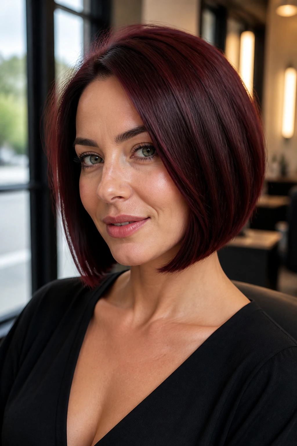 Close-up of a real woman with garnet brunette bob, glossy red-brown blunt cut.