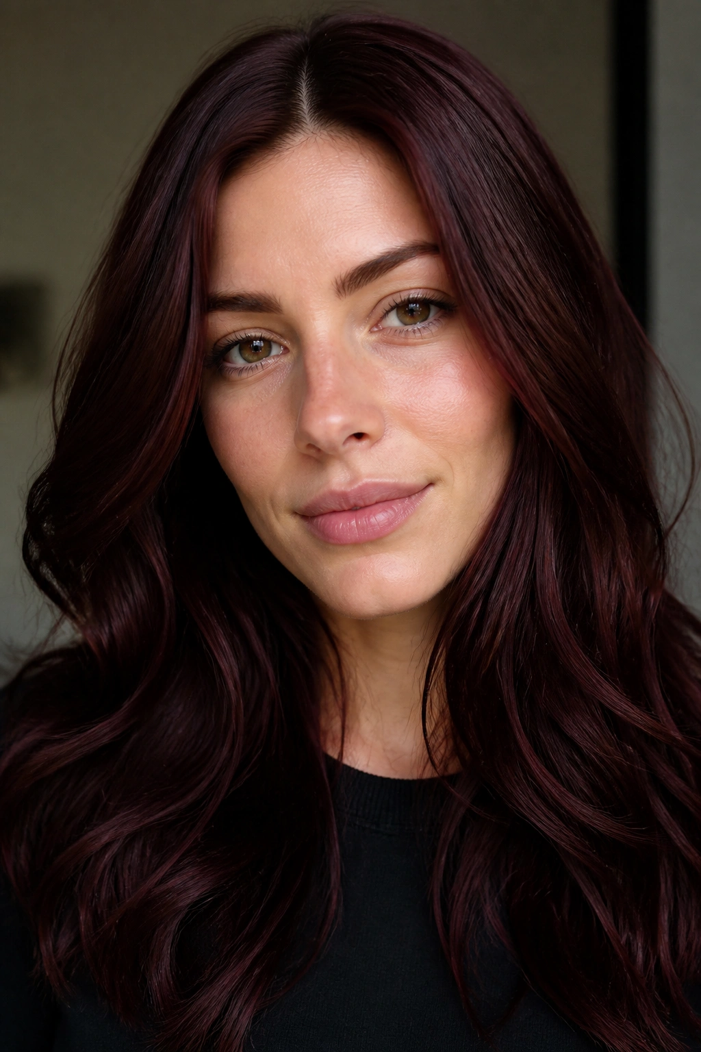 Close-up portrait of a real woman with glossy garnet-brunette hair in a soft indoor light.
