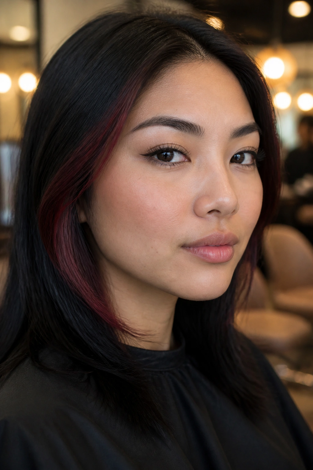 Close-up portrait of a real person with garnet contour lights at temples and jawline on dark hair