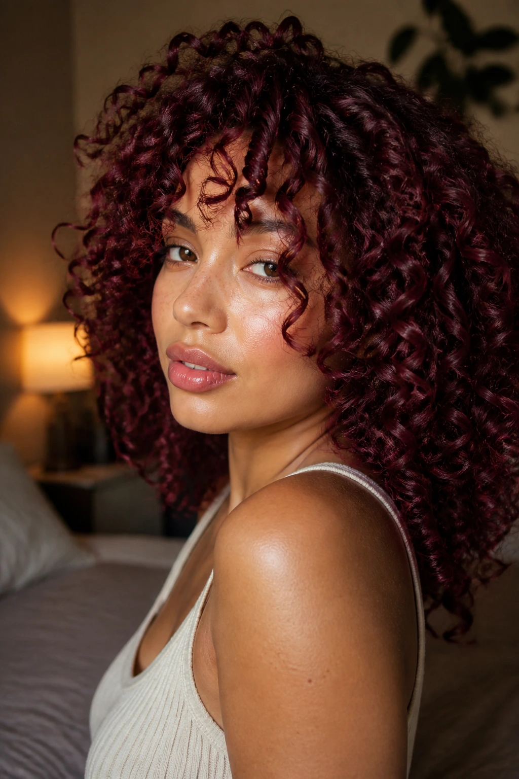 Close-up portrait of a real person with garnet curls showing depth and motion